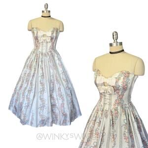 Gunne Sax Vintage 80s Strapless Satin Princess Dress Size 9 Floral Stripe Bows